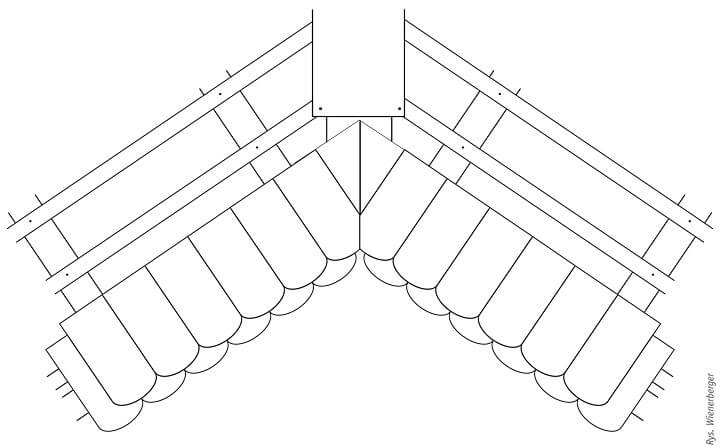 Rys. 1. Przykład kosza krytego w łuskę o szerokości 3 dachówek przy podziale 2:4 (1:2).