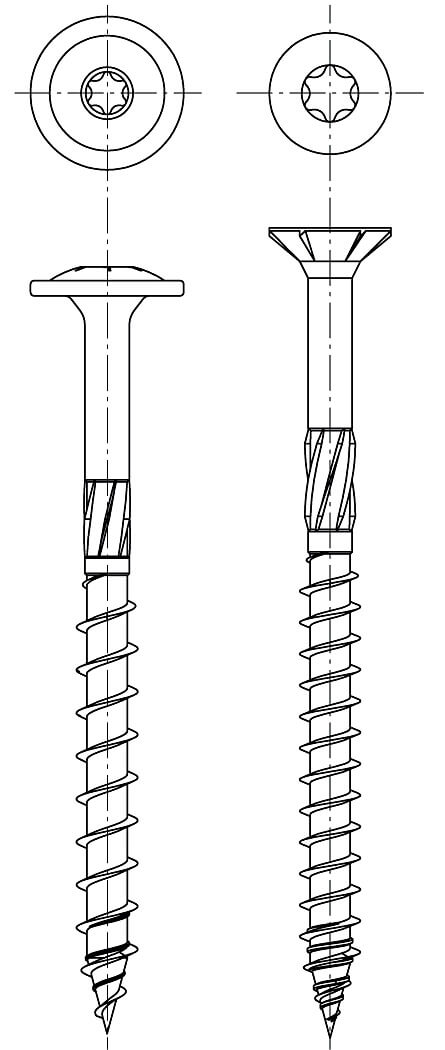 Rys. 1 Wkręty ciesielskie o gwincie częściowym z łbem talerzykowym i stożkowym.