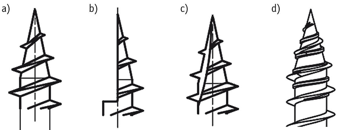 Rys. 2 Końcówki wkrętów a) zwykła, b) nacięcie 1/2, c) nacięcie 1/4, d) podwójne gwintowanie