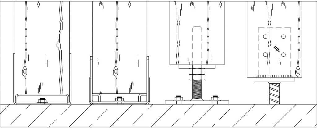 Rys. 1 Podstawy słupa zapewniające dystans między betonowym fundamentem i drewnianym słupem. Stalowe podstawy słupów drewnianych