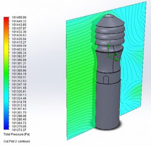 Rys. 2. Aksjonometryczny schemat badanego modelu wywietrznika Zefir-150/M z zaznaczonym przekrojem poddanym analizie modelowej prędkości powietrza.