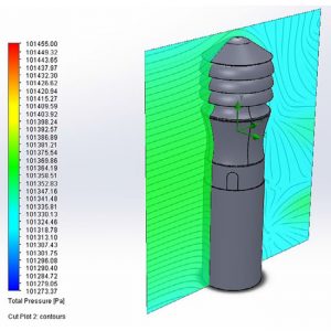 Rys. 3. Aksjonometryczny schemat badanego modelu wywietrznika Zefir-150/M z zaznaczonym przekrojem poddanym analizie modelowej prędkości powietrza.