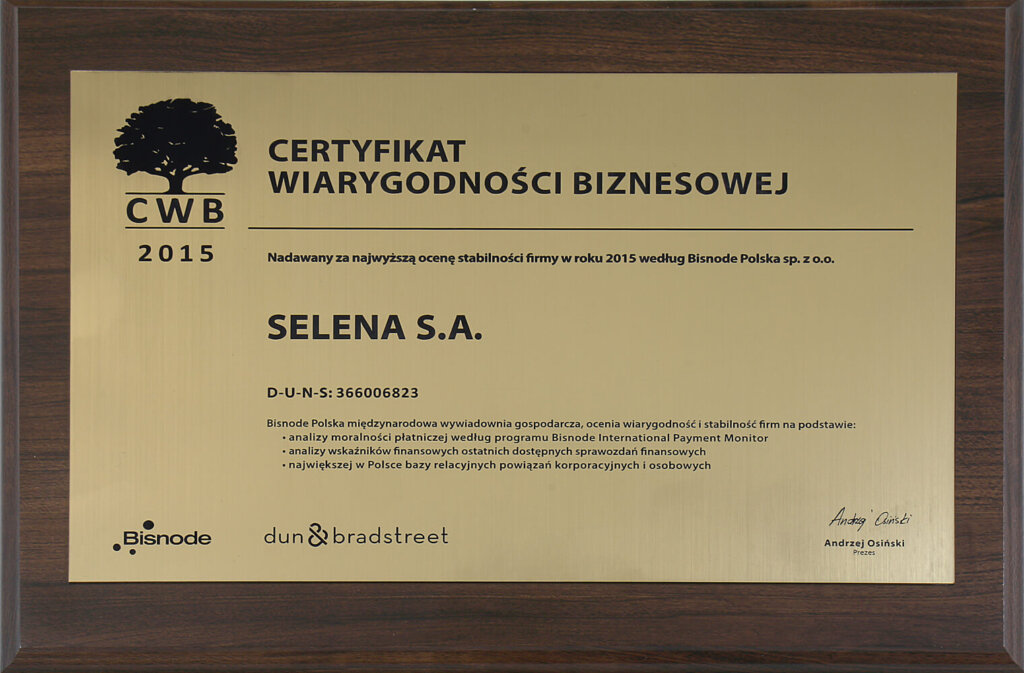 Certyfikat Wiarygodności Biznesowej 2015 dla SELENA SA