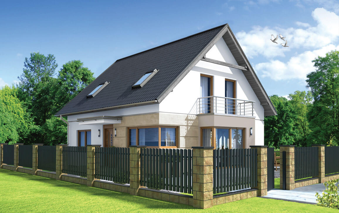 Wizualizacja domu z ogrodzeniem ze sztachet metalowych.