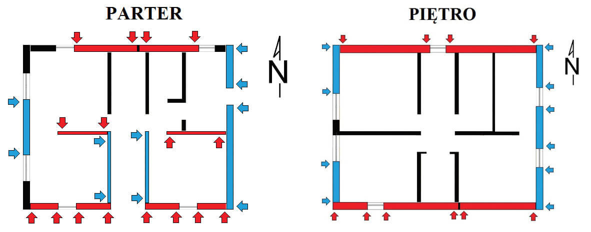 Zdj. 2. Przykład analizy sztywności parteru i piętra budynku szkieletowego z zaznaczonymi miejscami zastosowania złączy kotwiących. Kotwienie ścian