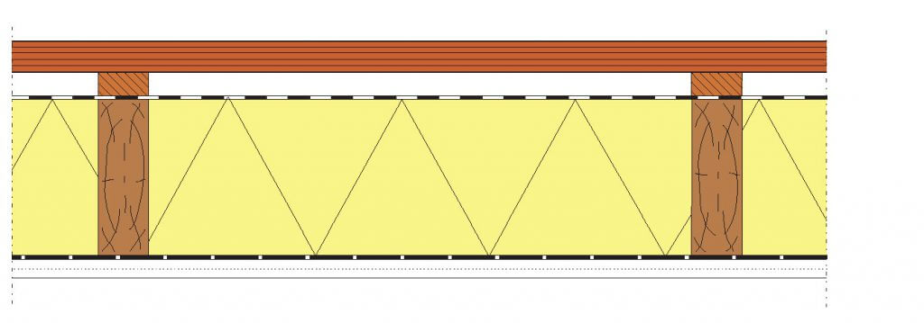Rys. 1. Dach niedeskowany, poddasze niezamieszkałe: FWK o wysokiej paroprzepuszczalności (może się stykać z warstwą ocieplającą) montowana do krokwi, kontrłaty, łaty.