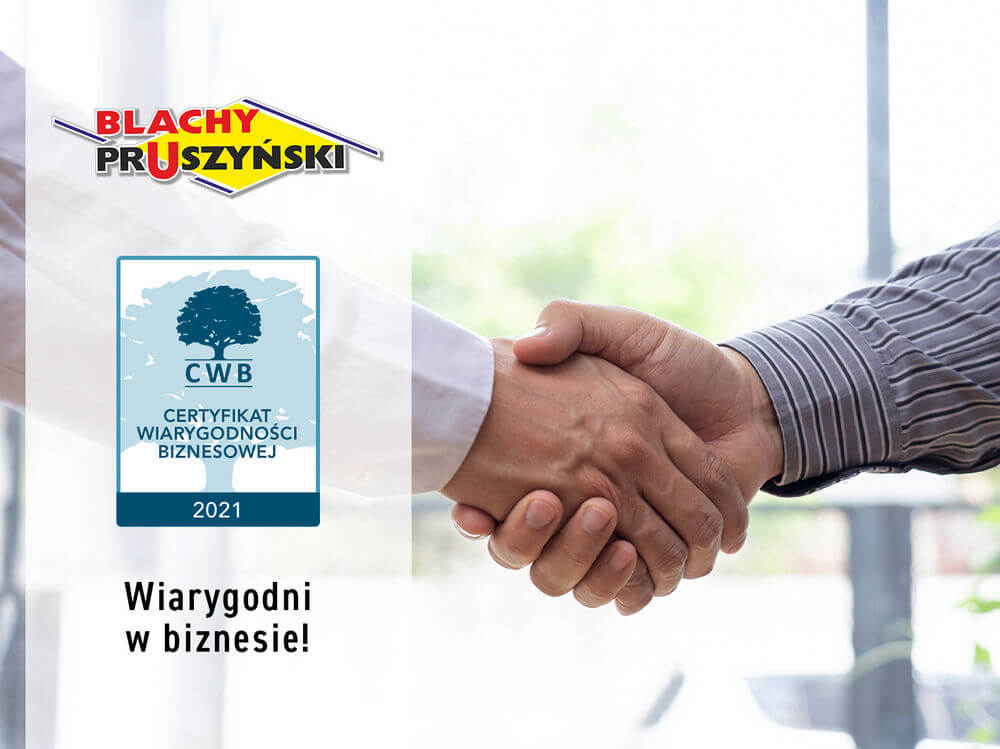 certyfikat wiarygodności biznesowej dla Blachy Pruszyński