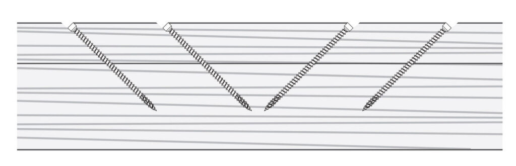 Schemat połączenia dwóch belek przy pomocy wkrętów z pełnym gwintem.